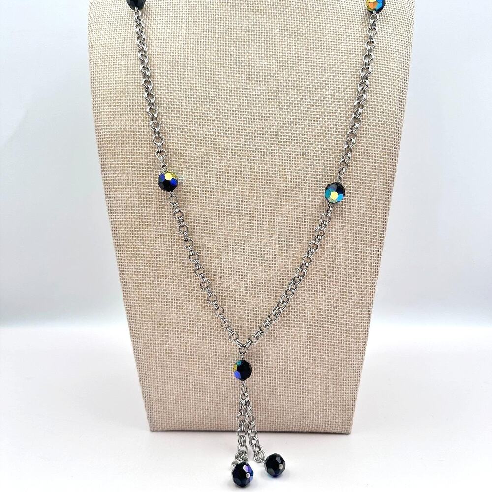 Vintage Y2K Silver Tone Necklace Faceted Iridescent Aurora Borealis Jewelry Boho